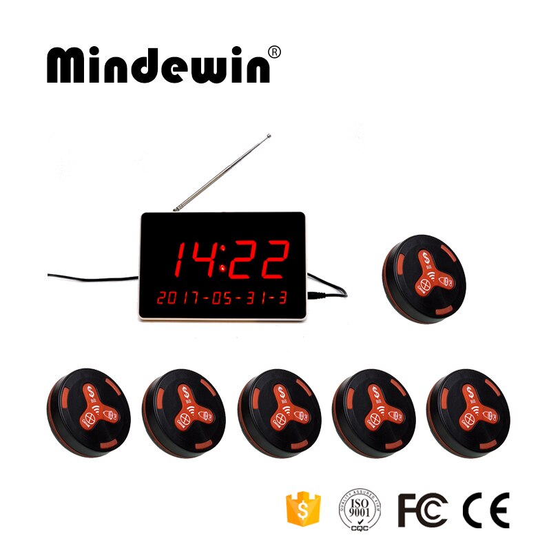 Mindewin trådløst opkaldssystem 1pc led display modtager mr -1 og 6 stk tjener ringe knap mk -3 trådløs tjener personsøger system: Rød