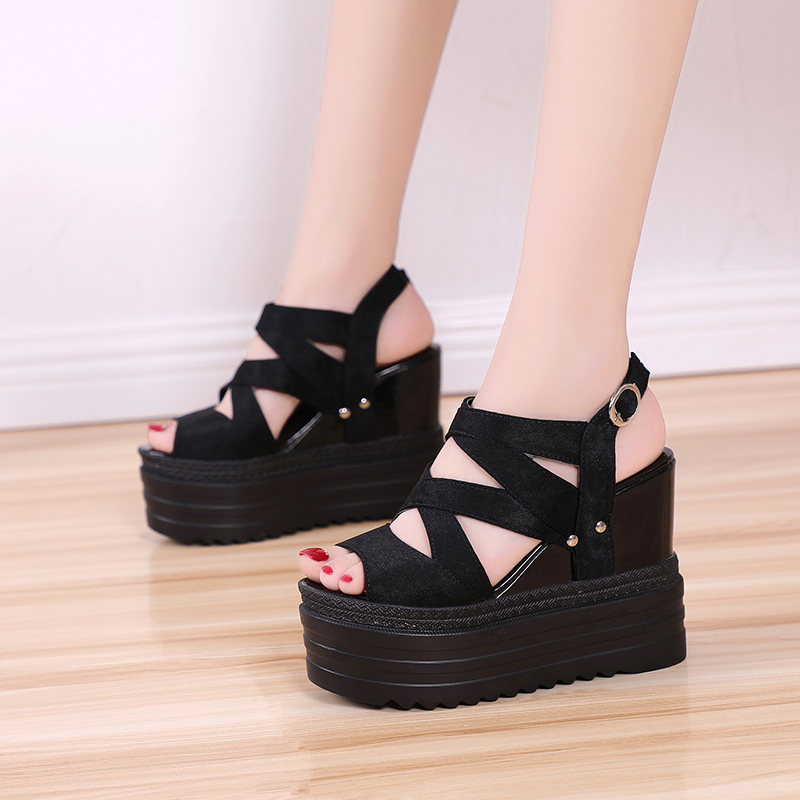 Gladiateur sandales femmes chaussures d'été sandales hautes compensées plate-forme talons hauts femmes sandales à bout ouvert fond épais: Black / 5