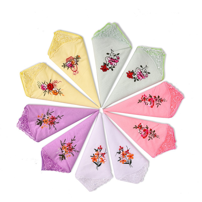 12 stks/partij Prachtige vrouwen Zakdoeken Vintage Borduurwerk Bloemen Patroon Katoen Dames Katoen Zakdoeken met Kant Hoek