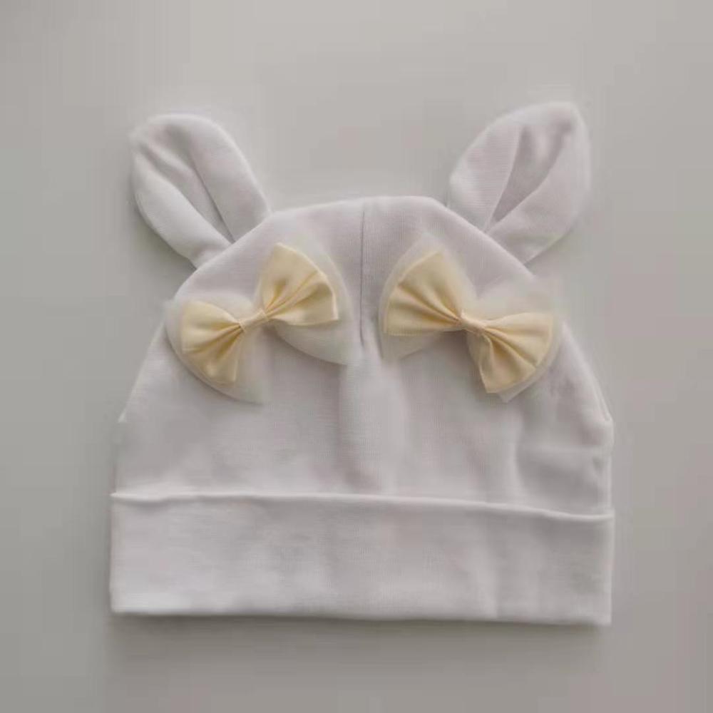 Babymutsje met konijnenoren, katoenen muts met oren, vlinderknoop, melamine strik, meisjesgebreide muts voor meisjes, kinderen: Wit