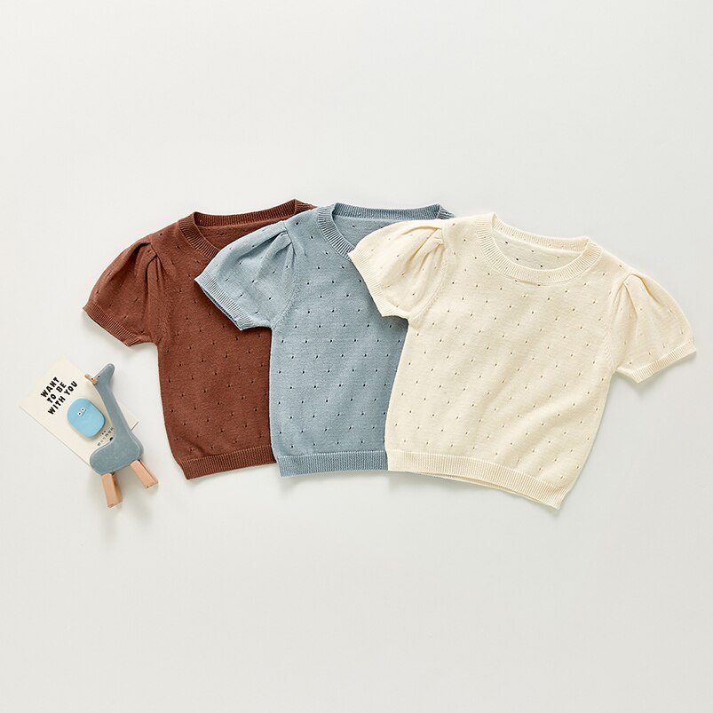 Schattige Baby Baby Katoenen Shirt Kleding Lente Zomer Korte Mouw O-hals Effen Mesh Breien Tops Voor Peuter Jongen Meisje Casual