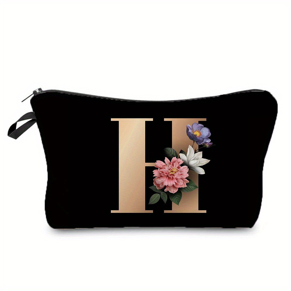 Flower & Letter Print Cosmetic Bag, Zipper Portable Makeup Pouch, Lightweight Coin Purse toiletry bag cajas organizadoras: GRAY