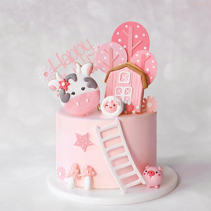 Pink Happy Farm cow tree Cake Toppers for kid's birthday cake Children's Day Party Baby Happy Birthday Supplies Lovely