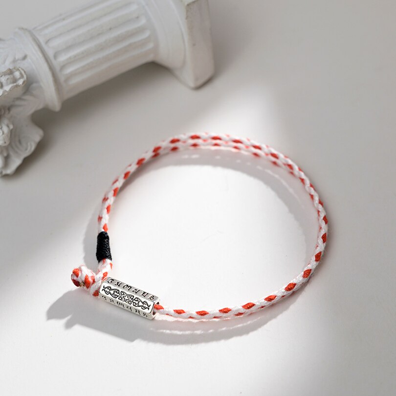 Handmade Tibetan Buddhist Braided Cotton Thread Lucky Knots Bracelets Silver Bead Carved Mantra Amulet Woven Bracelet For Men