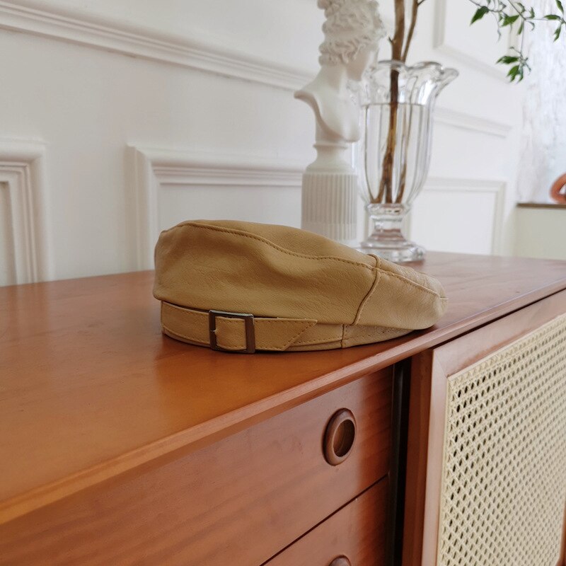 Béret en cuir Pu pour femme K186, chapeau rétro à boucle en fer, casquette de peintre sauvage, octogonal, Kepi, chapeau d&#39;automne: Camel