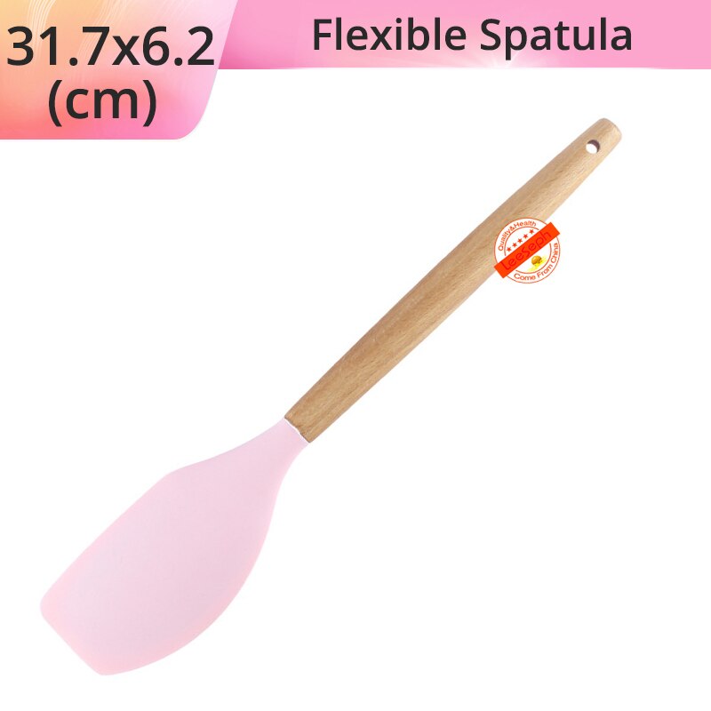 Silicone Cooking Utensils Kitchen Utensils, Acacia Wooden Cooking Tool for Nonstick Cookware - Best Kitchen Gadgets: Pink-Spatula