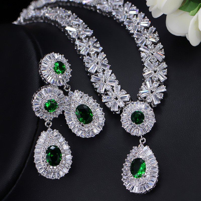 Threegraces Prachtige Zilveren Kleur Cz Grote Royal Blue Water Ketting Oorbellen Afrikaanse Sieraden Sets Voor Bruiden JS029: white gold green