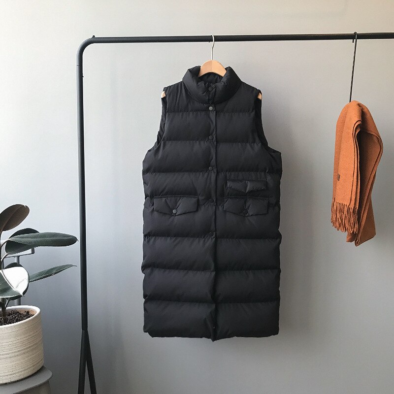 Höst vinter bomullsväst dam dam fritidsväst kvinnlig ärmlös lång väst jacka slim fit varm pufferrock: Svart / L