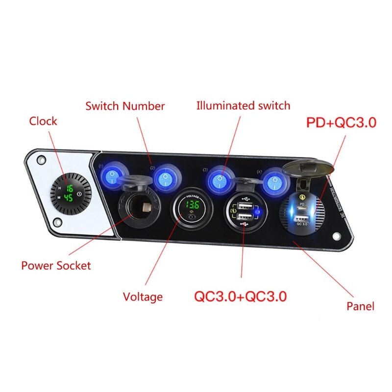 Multifunctional RV Phone Charger 12-24V PD QC3.0 Charging Socket with Voltmeter Digital Clock with 4 Switch