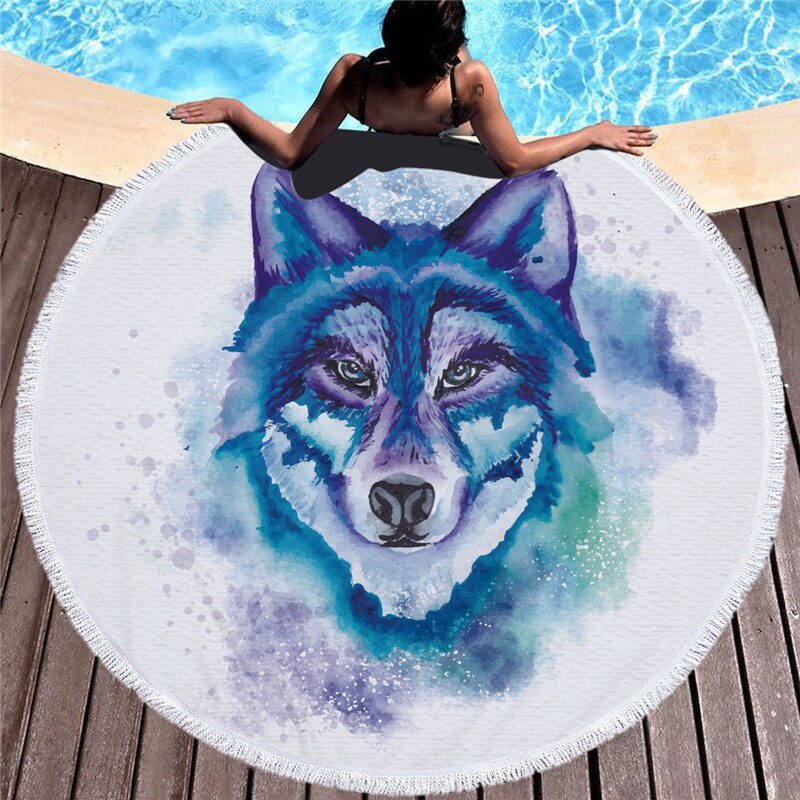 Mikrofiber strandhandduk med tofsar för vuxna barn yoga tofs vargfilt stor rund handduk tryckt gobeläng heminredning
