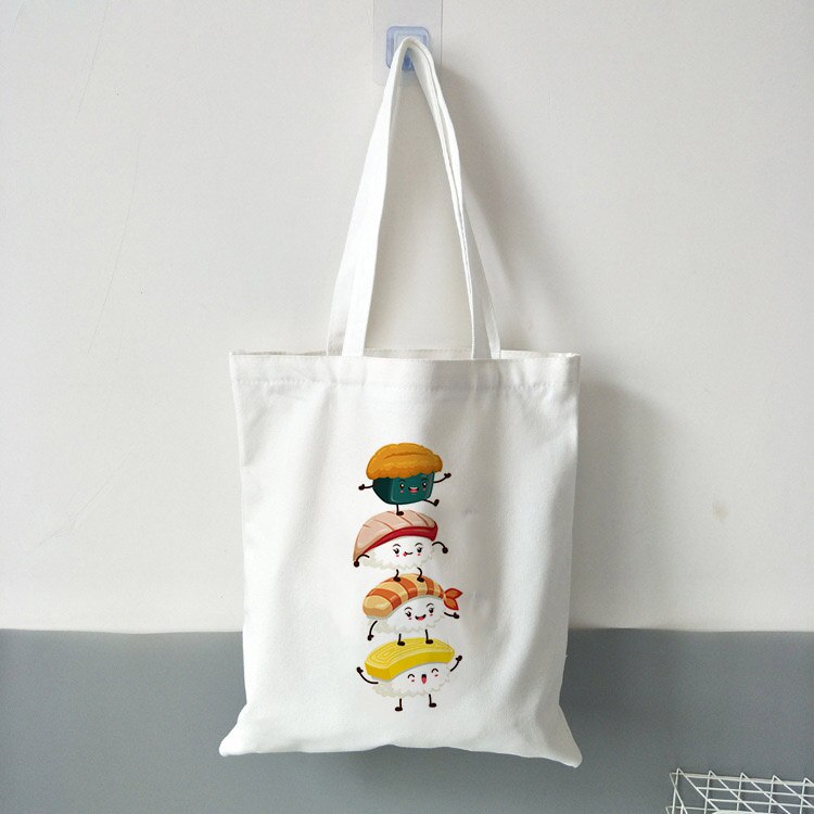 Kawaii sushi sæt tote tasker harajuku pige skuldertaske damer lærred indkøbspose kvindelig øko håndtaske foldbar tote stor kapacitet: 2