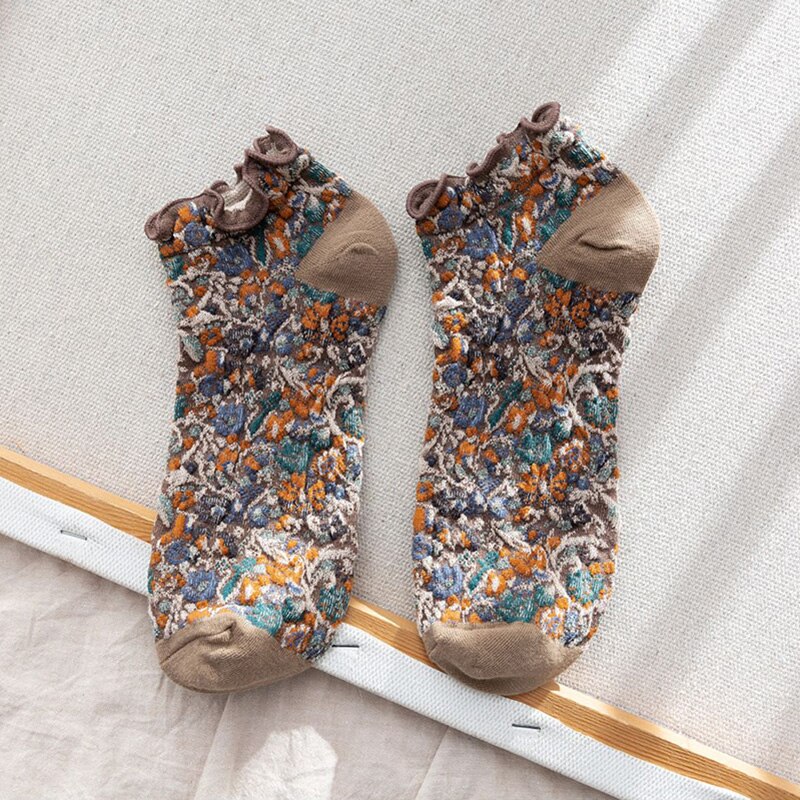 5 Pack Cute Womens Floral Socks Vintage Embroidered Frilly Floral | INDIA