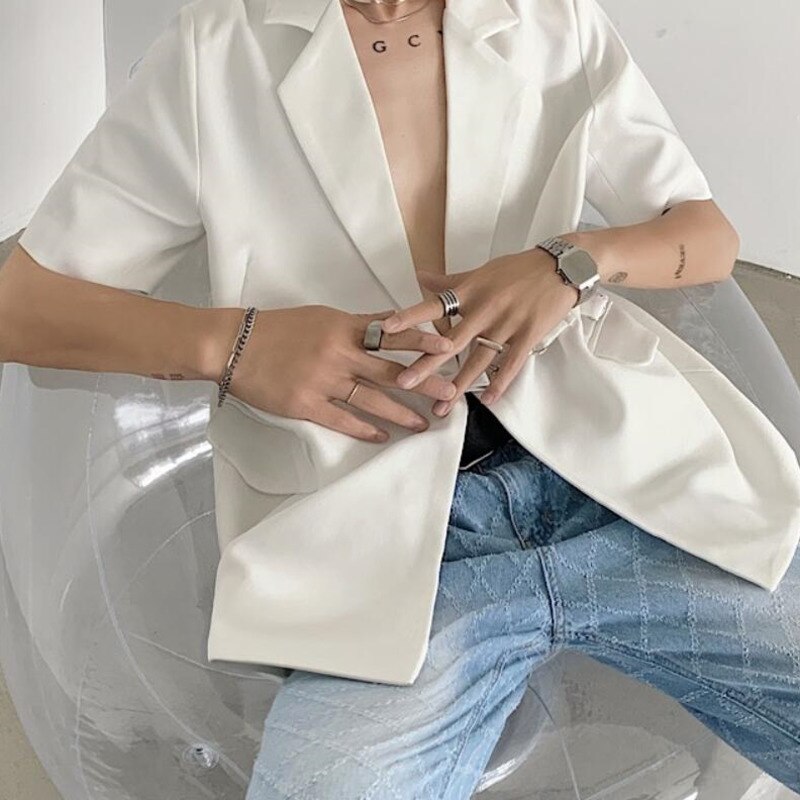 Blazer de manga corta para hombre, Chaqueta de traje informal de en blanco y negro, estilo coreano, holgada, M-XL de la sociedad