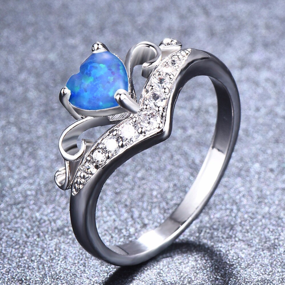 Luxury Women Sterling Silver 925 Crystal Wedding Rings White/Blue Fire Opal Heart Rings anillos
