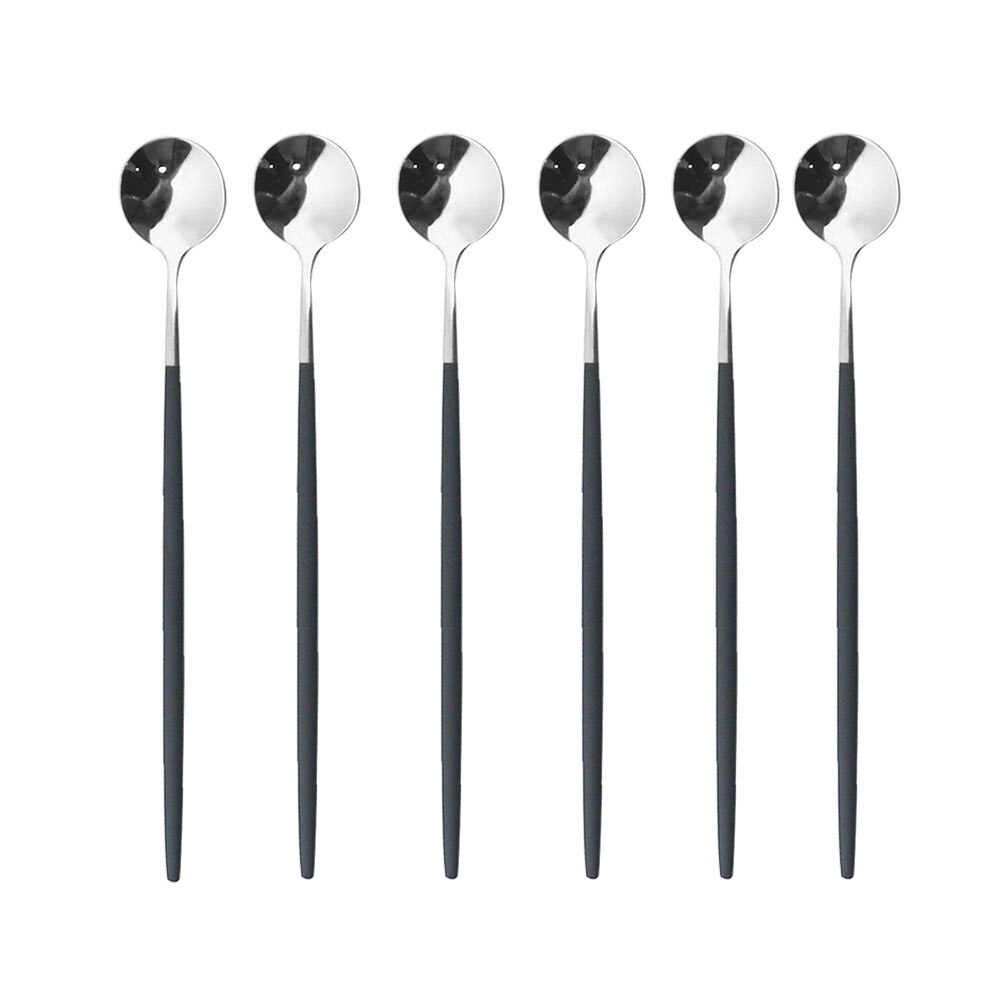 6Pcs Rainbow Long Hangdle Spoon For Polished Stirring Drink Dessert Ice Cream Spoon Cutlery Flatware Steainless Steel Tableware: Black Silver