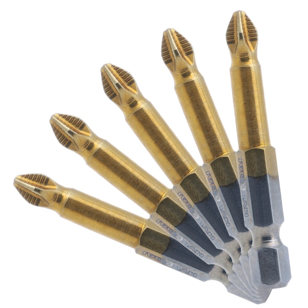 5Pcs Titanium Coated 1/4" Hex Shank PH2 50mm Anti Slip Electric Screwdriver Bits