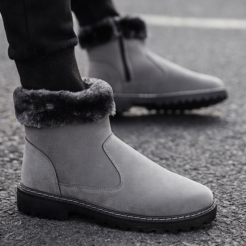Klassieke Mode Mannen Enkel Echt Leer Snowboots Shearling Wol Bont Gevoerde Winter Laarzen Houden Warme Schoenen Waterdicht Grijs