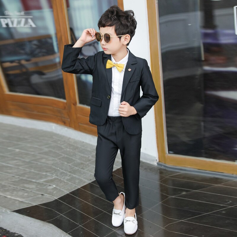 Pojkdräkter formella barn pojke 2 st jackor+byxor gentleman kläder toppar fritidsdräkter för formella kläder kostym outfits: Svart / 9t