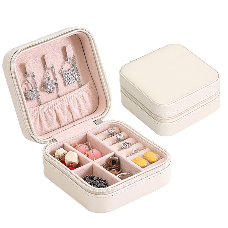 Universal Jewelry Organizer Display Travel Jewelry Case Boxes Portable Earring Necklaces Box Leather Storage Zipper Jewelers: 10x10x5cm white