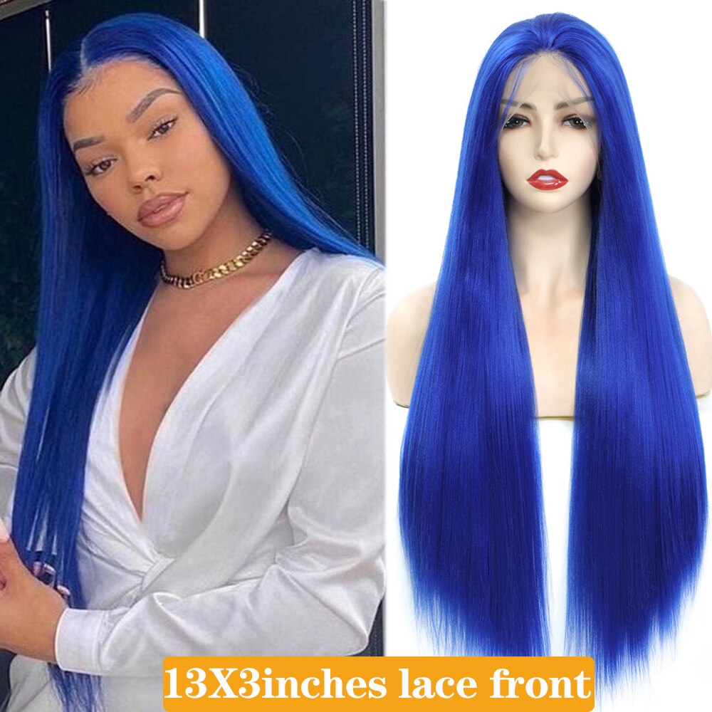 X-TRESS 13X3 Lace Front Synthetic Wigs For Women Black Colored Free Part Long Straight Soft Natural Daily Hair Wig 150% Density: Blue  