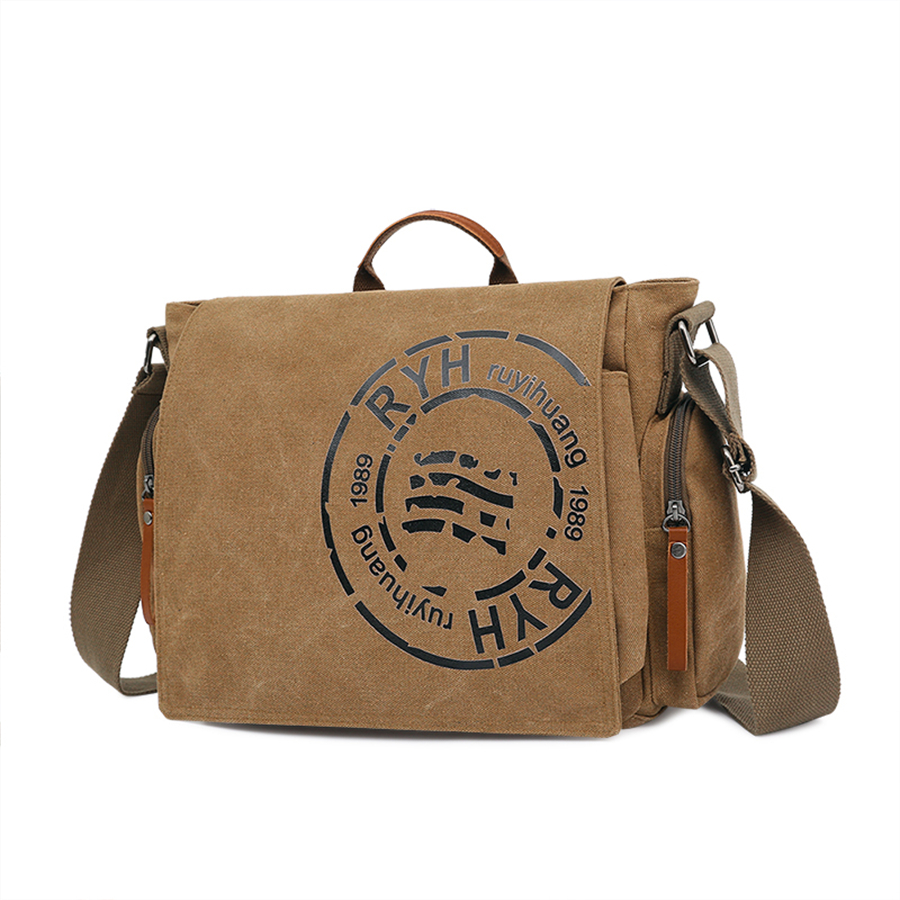 Aktetassen met grote capaciteit Heren reistassen Canvas bedrukte weekendschoudertassen Multifunctionele Messenger Flap Bags: Bruin