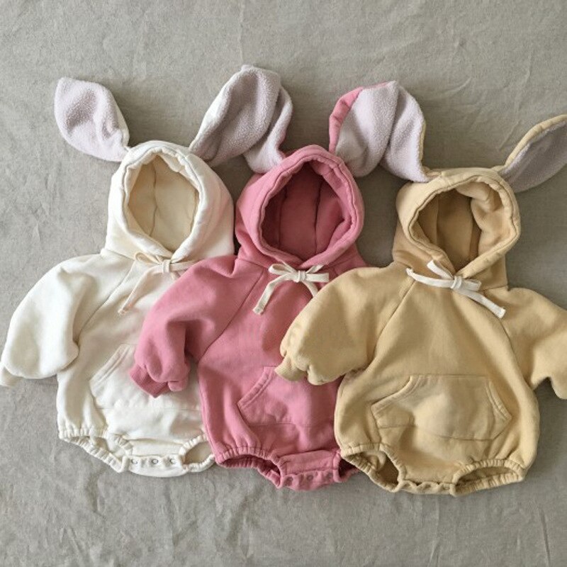 Lente baby schattige bebes bodysuit konijnenoren met fluweelzachte katoenen baby meisjes bodysuit jongens jumpsuit onesie kleding