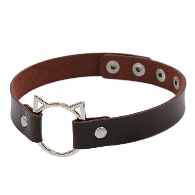 Kat øre pu læder choker halskæde kvinder chocker halskæder tilbehør punk halsrem bryllup brud smykker: Brun