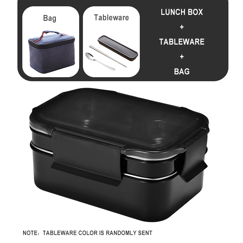 Guret tålig matlåda i rostfritt stål tvålagers matbehållare bärbar läckagesäker isolering barn student vuxen bento box: Svartpåse servis