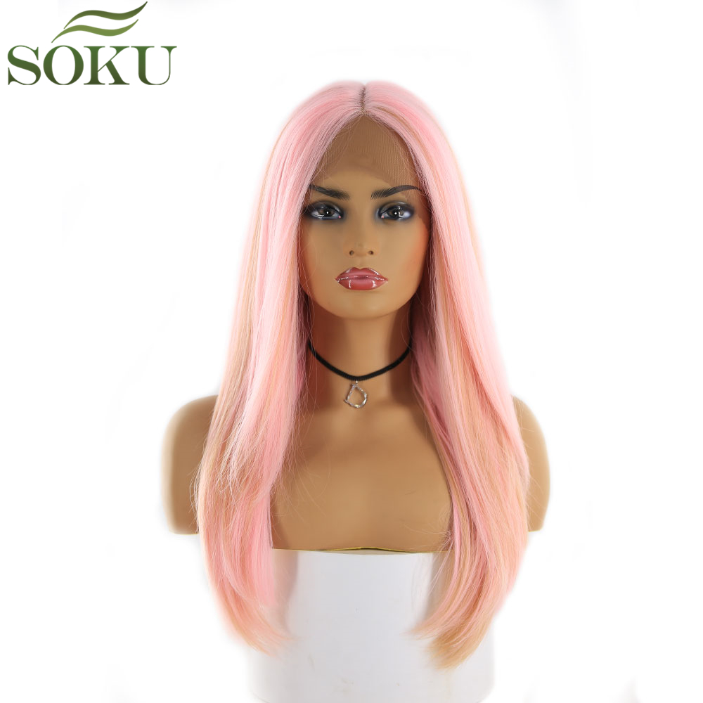 Pelucas frontales de encaje sintético de Color rosa SOKU para mujeres negras, peluca de parte media, pelucas de fibra de alta temperatura sin pegamento de 130% de densidad: P.ROSE GOLD