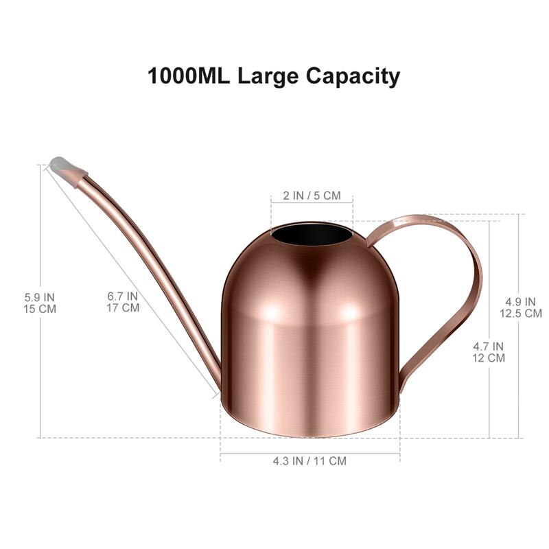 Yardwe-regadera de acero inoxidable de 1000ml para plantas de interior, suculentas, surtidor largo, maceta de riego para el hogar, jardín y oficina (cobre)