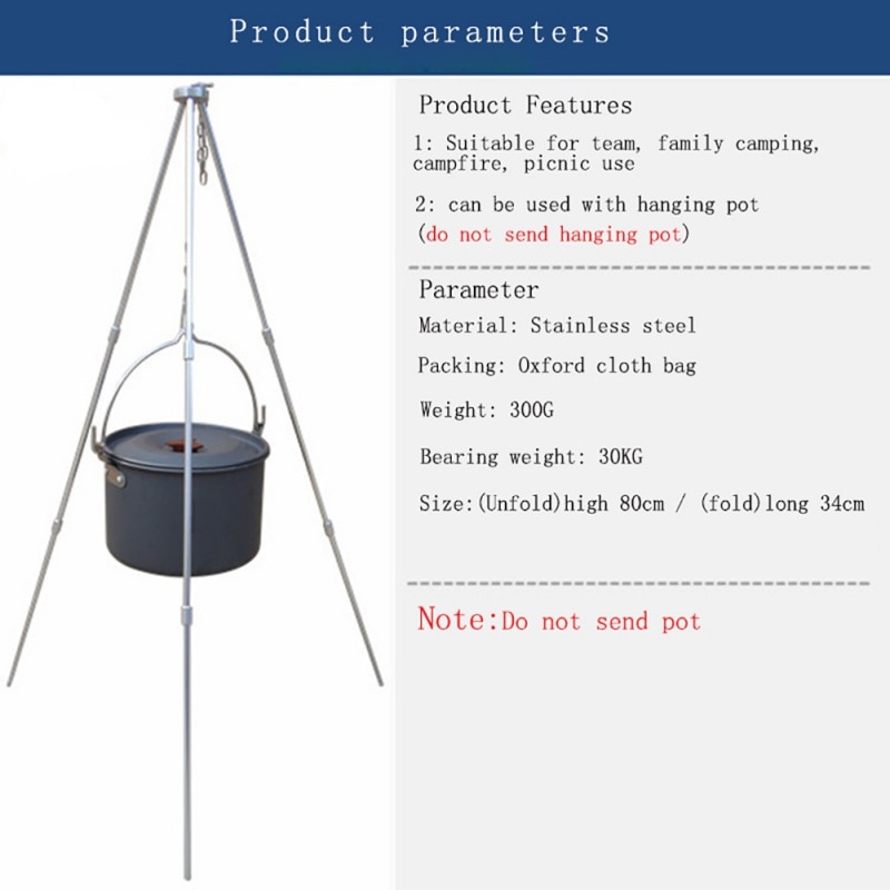 Outdoor camping equipment Fire Triangle Bracket Picnic BBQ Cooking Tripod Pot Hanging Camping Stove Grill Stand Holder