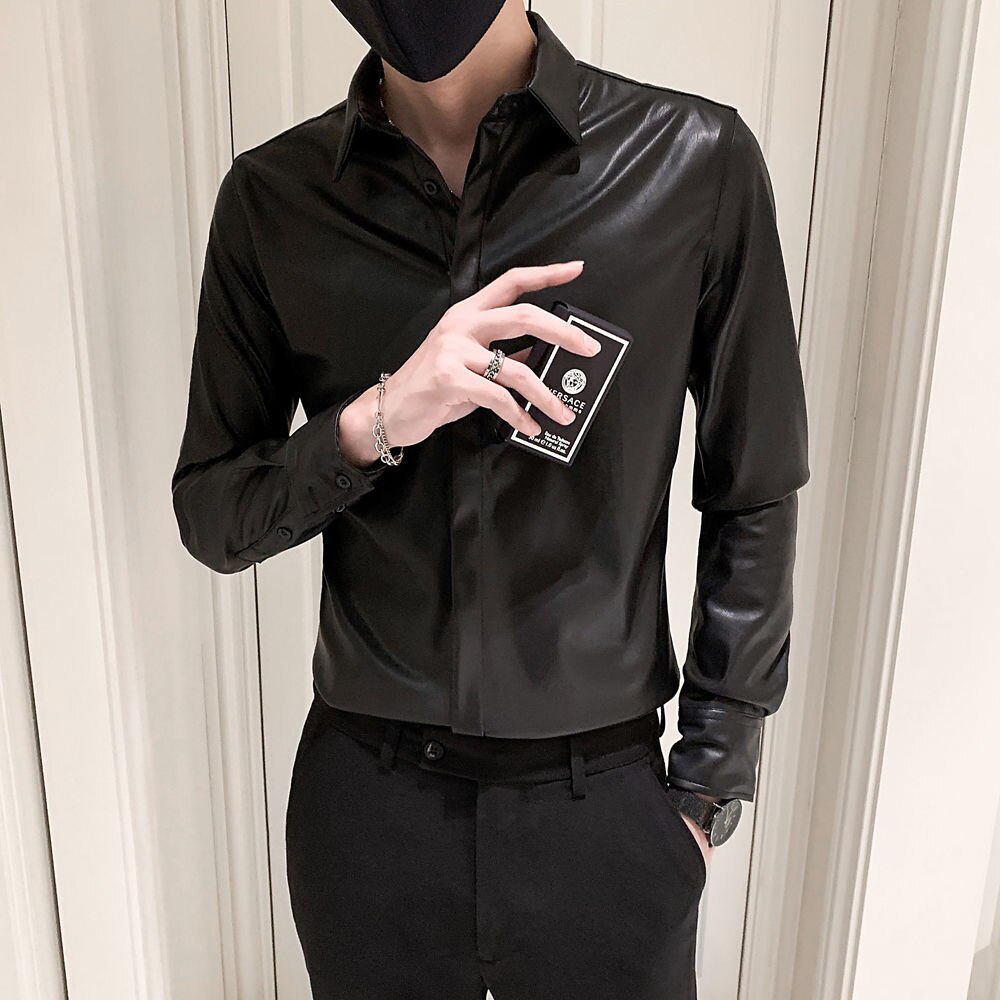 Efterår vinter herre & #39 ;s koreansk slim fit læder skjorte herre & #39 ;s camisa social masculina trend mærke sorte læder skjorter