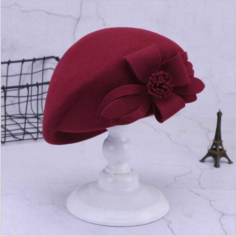 Autumn And Winter 100% Wool Berets Women Winter Felt Hats Lady French Beret Flower Wool Beret Caps