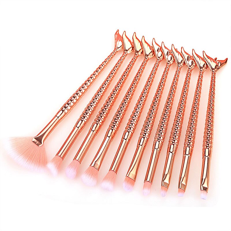Juego de brochas de maquillaje de aspecto de sirena para mujer, herramientas de maquillaje facial, belleza , sombra de ojos, base, colorete, 10 Uds.
