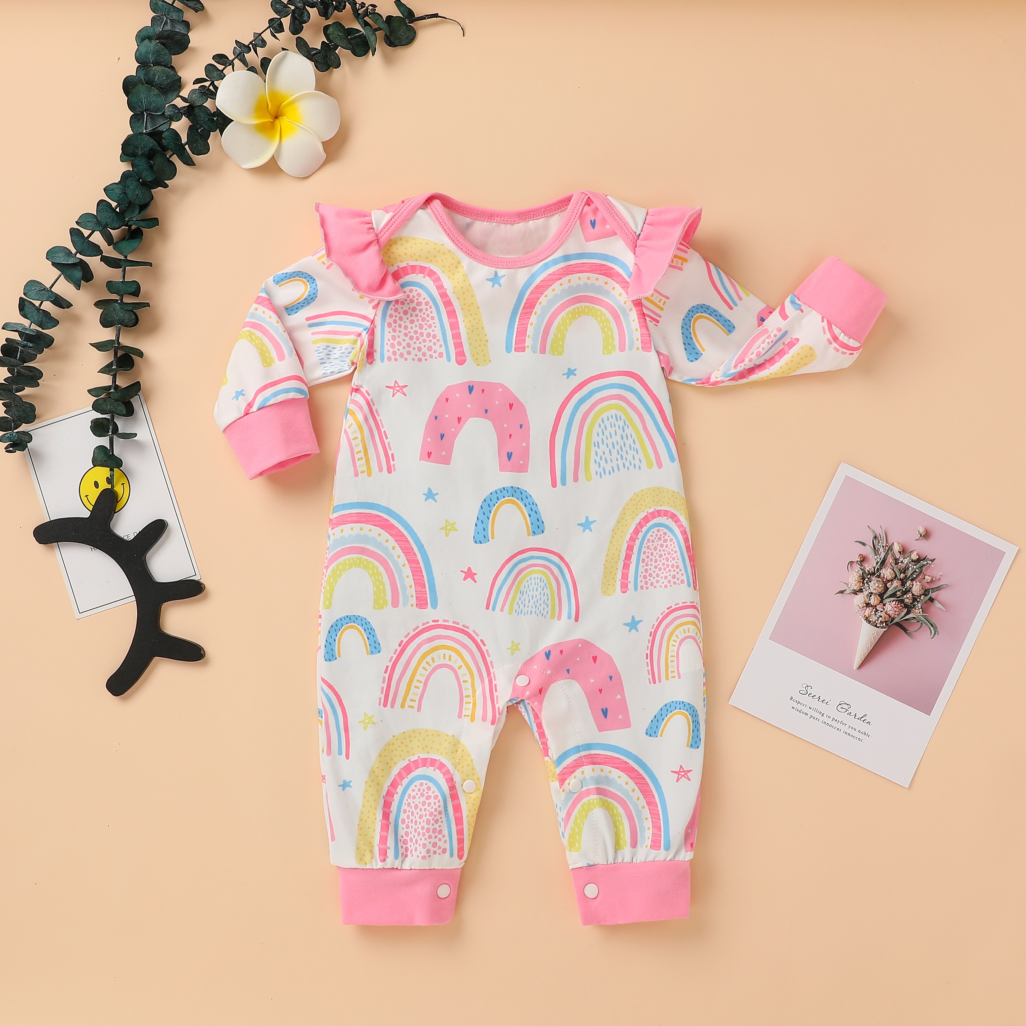 FOCUSNORM 0-18M Herbst Kleinkinder Baby Mädchen Jungen Strampler Regenbogen Drucken Rüschen Langen Ärmeln Oansatz Hause Sport Schlafen hosen