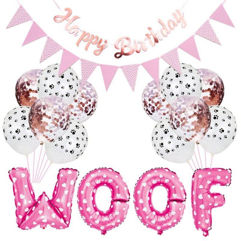 Animal de compagnie chien chat fête d'anniversaire décoration ensemble mignon lettre Woof fête ballon décor chien fête pour animaux de compagnie bannière fournitures d'anniversaire pour animaux de compagnie: pink set