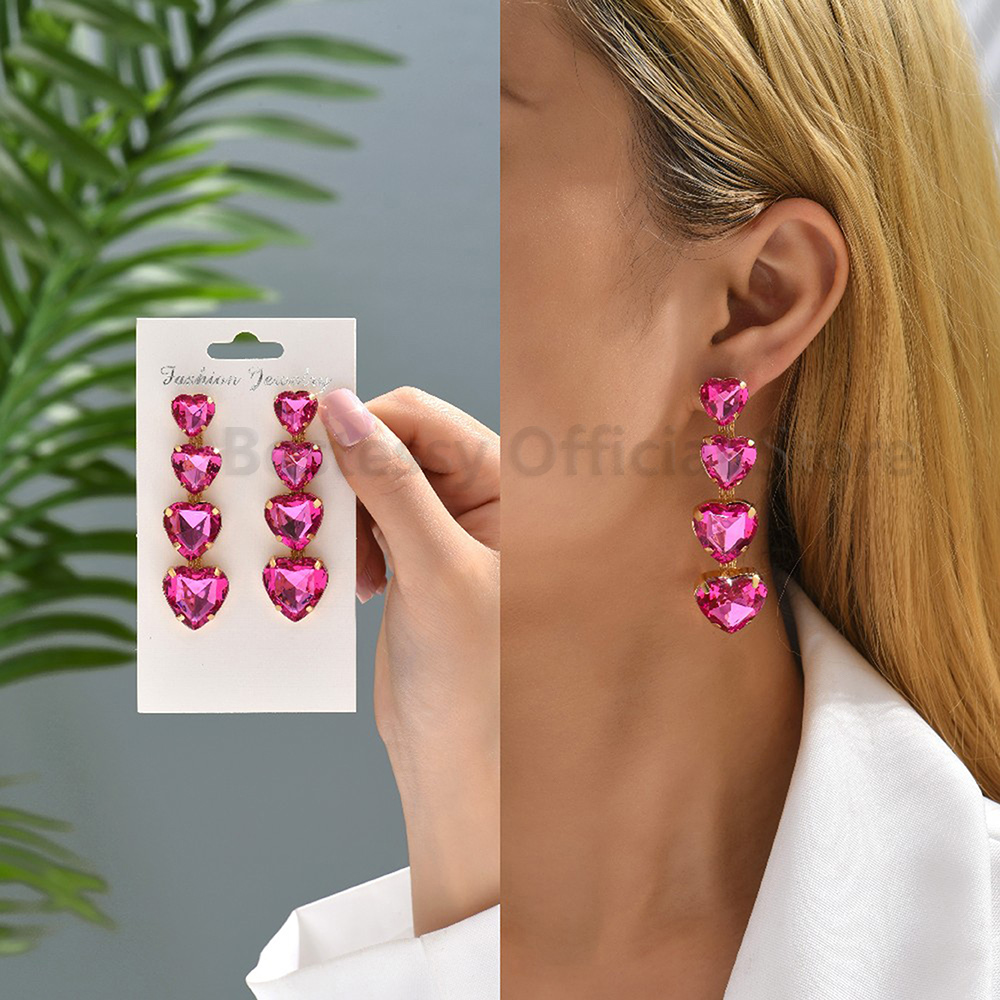 Pendientes colgantes de gota llamativos de diamantes de imitación de color rosa intenso para mujer, colgantes grandes geométricos de de lujo, de joyería para y boda