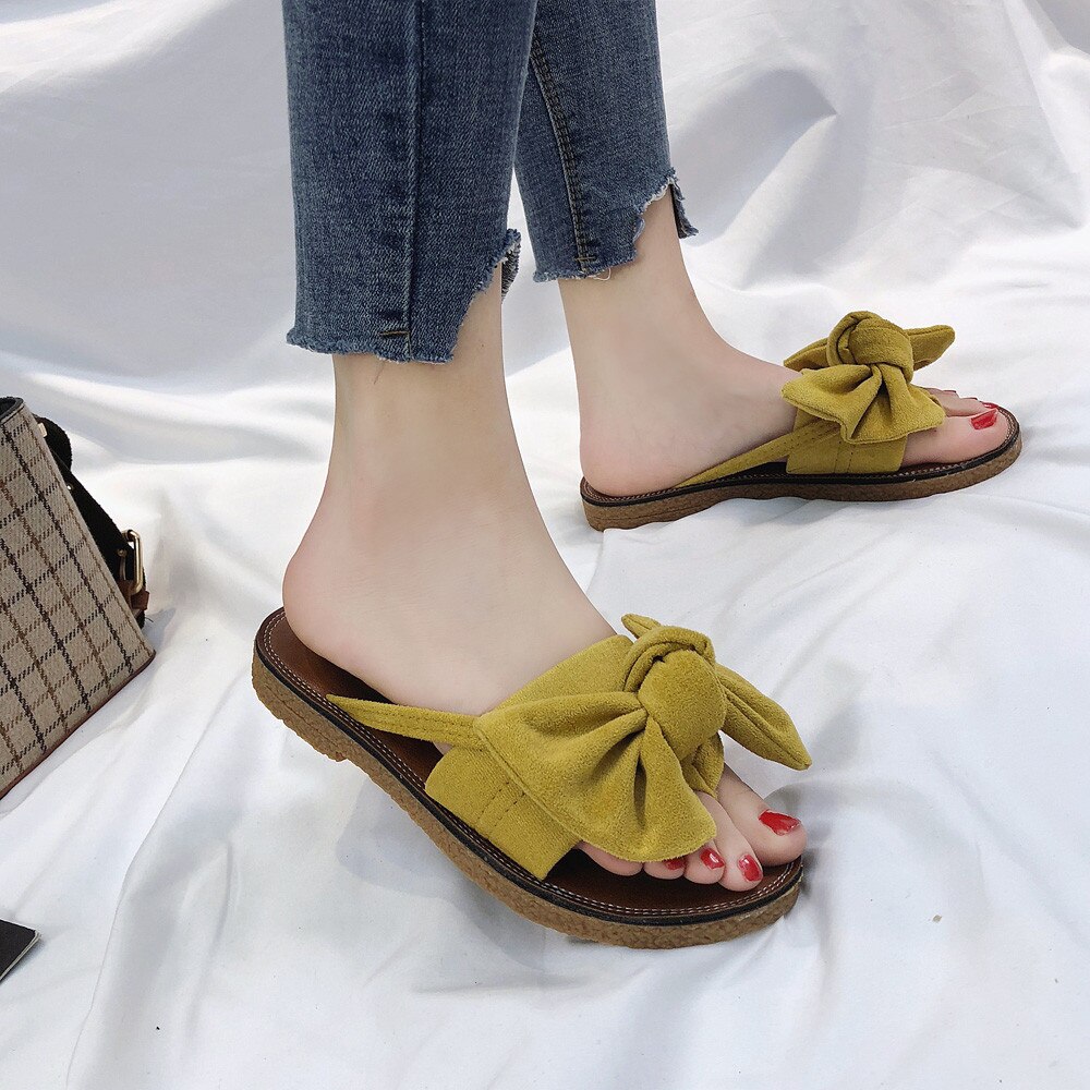 Summer Women Flip Flops Solid Color Bow tie Flat Heel Sandals Size 36-40 Outdoor Slipper Beach Shoes Female G2: Yellow / 37