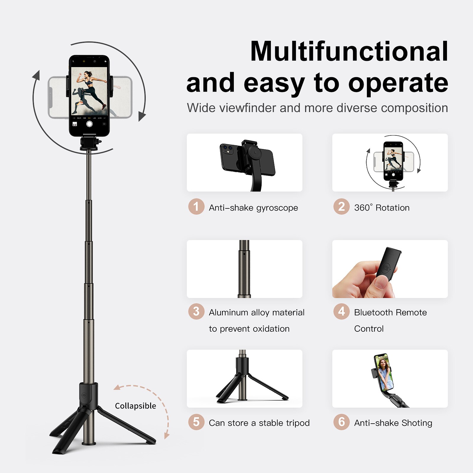 H5 Handheld Opvouwbare 1-As Gimbal Stabilizer Selfie Telefoon Statief Bluetooth Remote Functie Ondersteuning Ios & Android Systeem