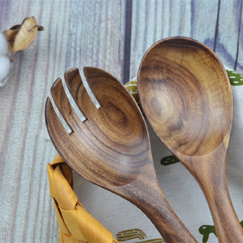 Nordic Wooden Salad Utensils 5 Sets (5 forks + 5 spoons) Acacia Salad Serving Spoons Fork Retro Eco-freindly Salad Servers Tools