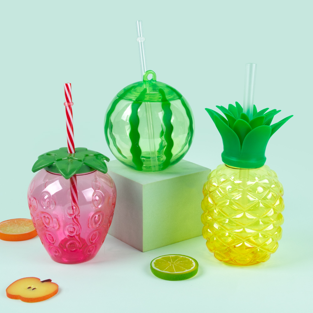 Tasse à boire en plastique en forme d'ananas/fraise/pastèque avec paille, décor hawaïen, fournitures de fête d'été sur la plage et la piscine, 6/8 pièces