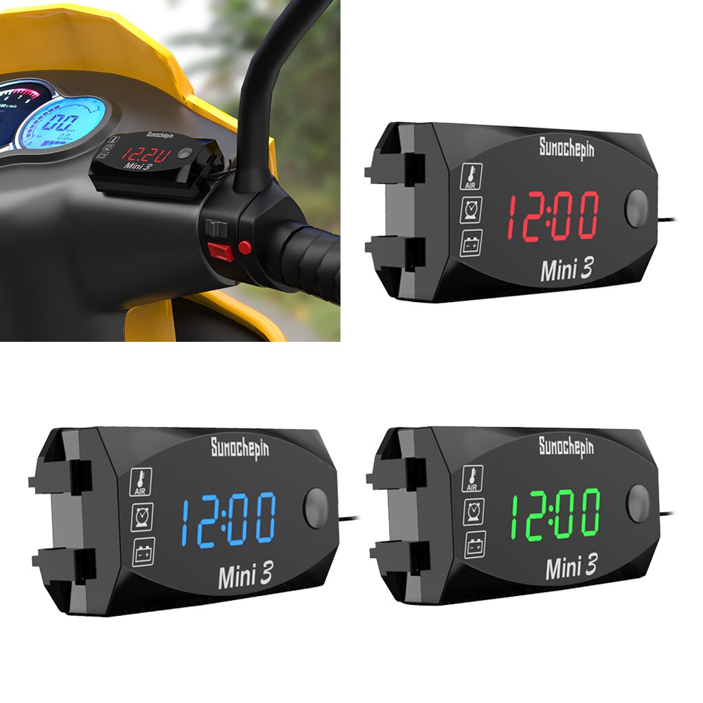 Motorcycle Watch LED Voltage Voltmeter Thermometer IP67 6V-30V Tester