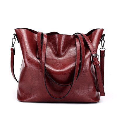 Women Casual Bag Oil wax Women's PU Leather Handbags Hand Bags Female messenger bag Big Tote Sac Bols: Wine red