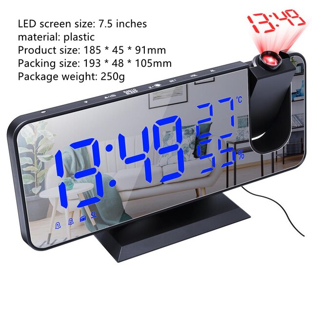 Réveil à projection numérique Fm Radio Réveil Projecteur Led Électronique Bureau Réveil Chiffres avec 180 Temps Projecteur Snooze: Black Blue