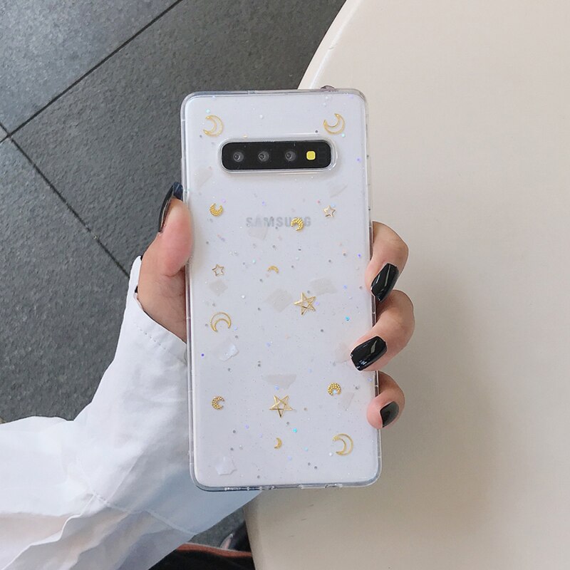 YHBBCASES Für Samsung Galaxy S8 S9 S10 Plus Bling Gold Sterne Mond Klar Weichen Fällen Für Samsung Note 10 8 9 Glitter Pulver Abdeckung