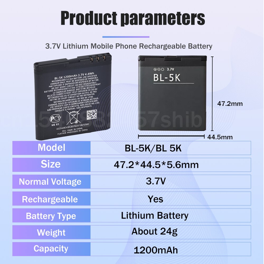 1pz BL-5K BL5K BL 5K 3.7V 1200mAh Batteria Del Telefono per Nokia N85 N86 8MP N87 2610S 701 Oro C7 C7-00 X7 X7-00 T7 2610S Celle Agli Ioni di litio