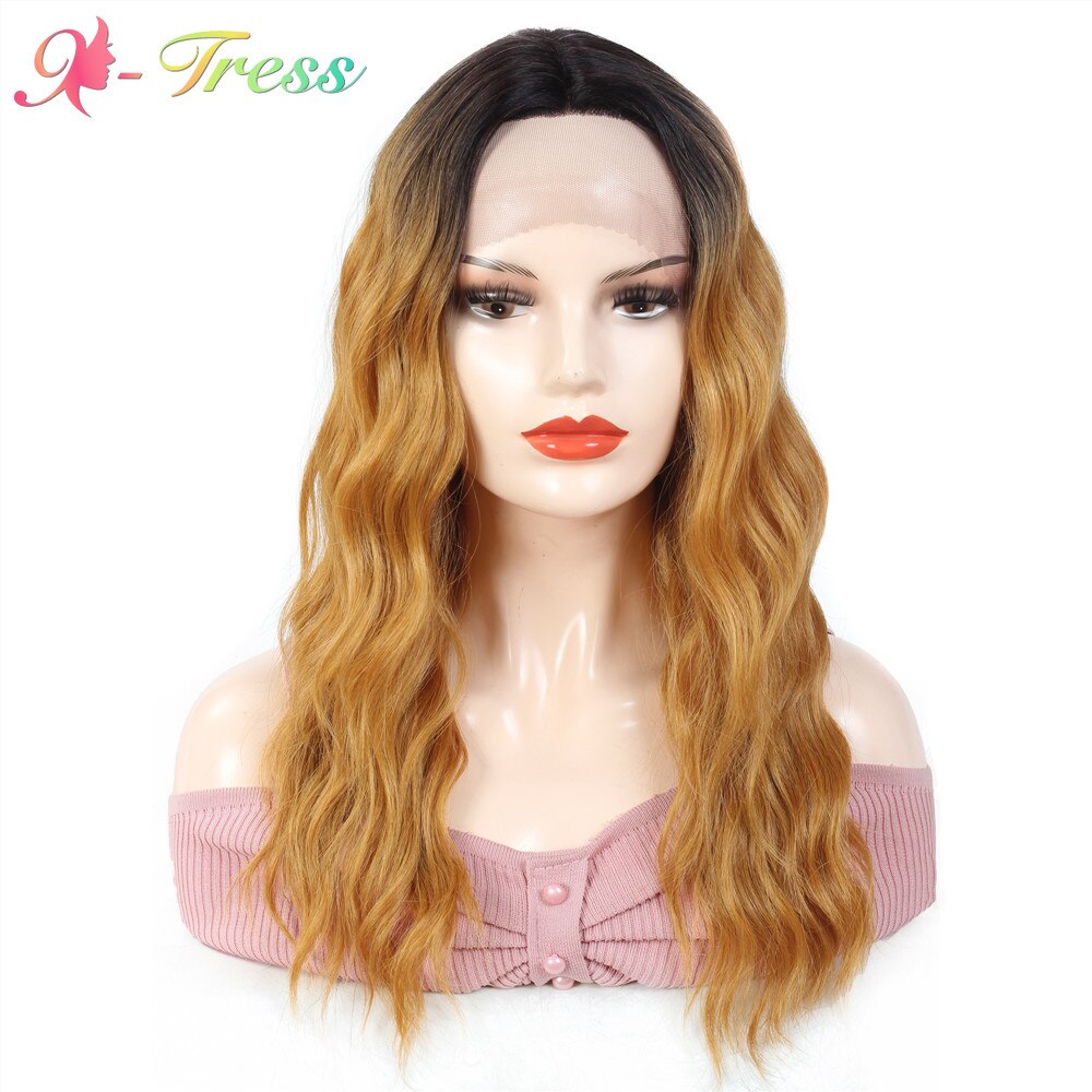 Trendy Middle Part Lace Synthetic Wig for Women High Temperature Fiber Hair X-TRESS 20 Inch Long Ombre Blonde Cosplay Daily Use