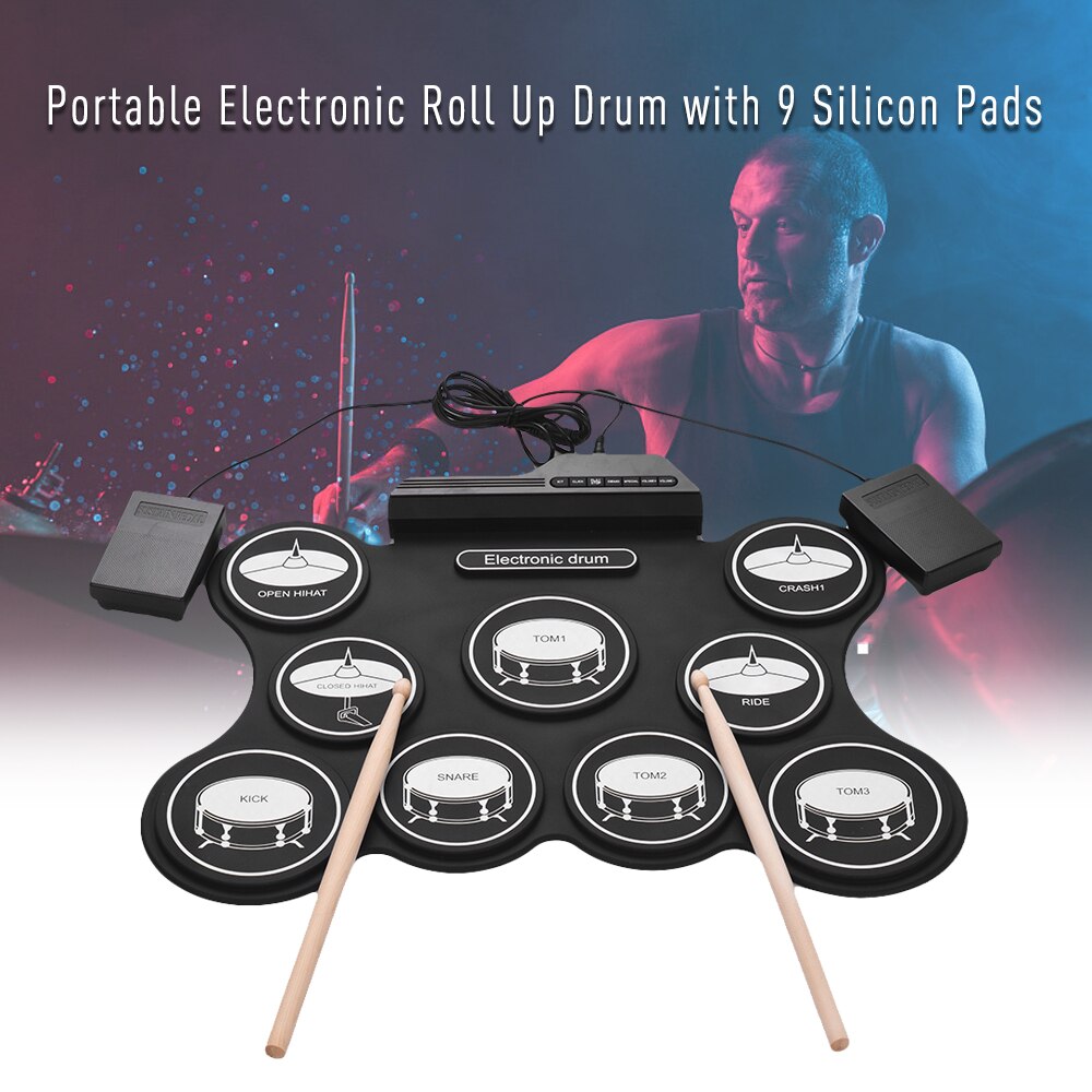Portable Electronic Drum USB Digital Roll Up Drum Kit Set 9 Silicon Drum Pads with Drumsticks Foot Pedals for Beginners Children