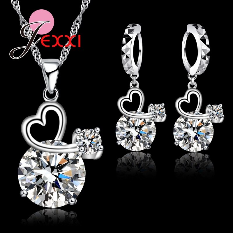 Luxury Cubic Zirconia Heart Collar Necklace 925 Sterling Silver Jewelry Sets Dangle Earrings Romantic Wedding Party