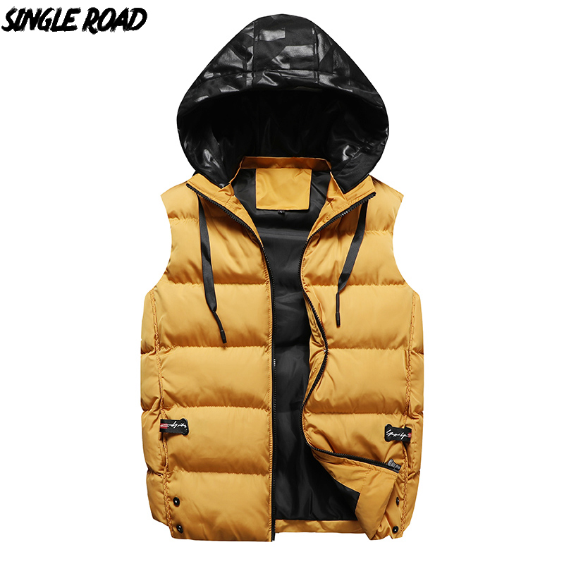 SingleRoad Winter Vest Mannen Mode Hooded Mouwloze Jas Mannelijke Winddicht Geel Heren Katoenen Vest Jas ManBodywarmer